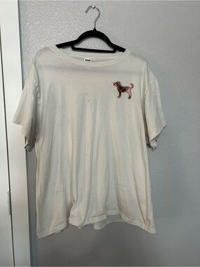PINK Victoria's Secret Cream Short Sleeve Tee with Pink Plaid Dog Patch